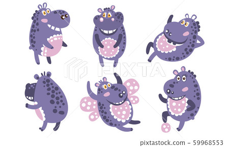 Set of cute cartoon dark blue hippos. Vector illustration. Set of cute cartoon dark blue hippos. Vector illustration. 59968553