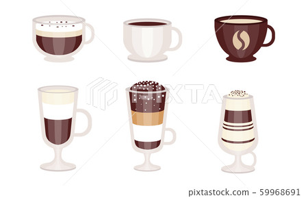 Different types of coffee in mugs and glasses. Vector illustration. 59968691