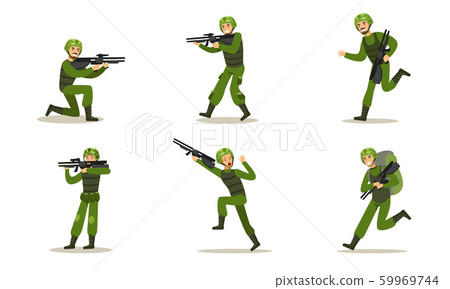 Set of images of soldiers in green uniforms. Vector illustration. 59969744