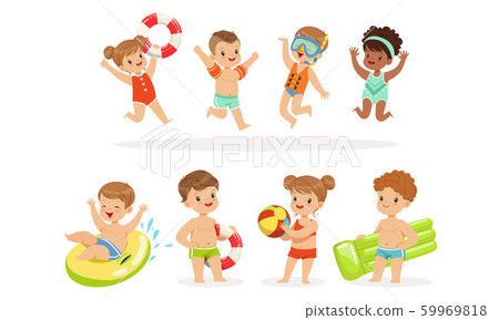 Children in swimming clothes with inflatable toys. Vector illustration. Children in swimming clothes with inflatable toys. Vector illustration. 59969818