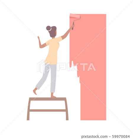 Woman Paints The Wall With Roller In Coral Flat Vector Illustration Woman Paints The Wall With Roller In Coral Flat Vector Illustration 59970084
