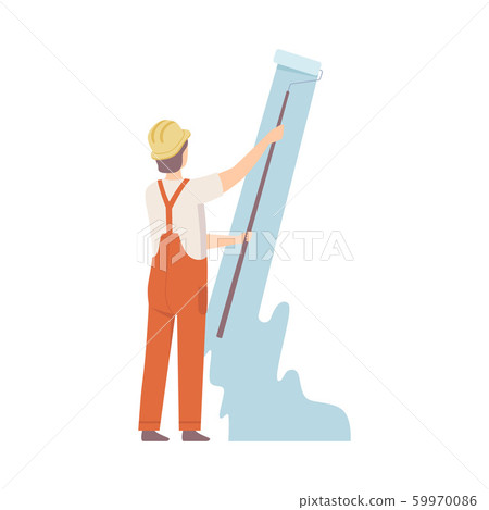 Painter In Construction Helmet Paints The Wall Flat Vector Illustration 59970086