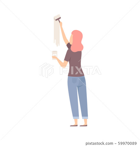 Woman Painter Paints The Wall With Brush In Milky Color Flat Vector Illustration Woman Painter Paints The Wall With Brush In Milky Color Flat Vector Illustration 59970089