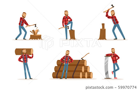 Handsome Bearded Lumberjack In Plaid Shirt At Work Vector Illustration Set Isolated On White Background Handsome Bearded Lumberjack In Plaid Shirt At Work Vector Illustration Set Isolated On White Background 59970774