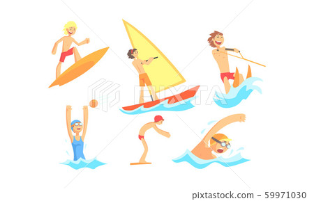People Characters Having Vacation and Doing Water Activities Vector Illustrations Set 59971030