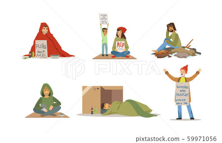 Homeless People Characters Vector Set Poverty Stock Illustration