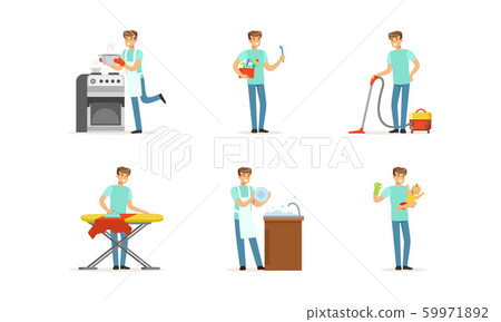 Handsome Young Man Occupied with Household Vector Illustrations 59971892