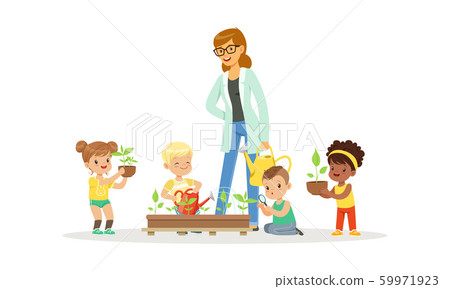 Children Having Botany Lesson. Teacher Demonstrating Plant Vector Illustration Children Having Botany Lesson. Teacher Demonstrating Plant Vector Illustration 59971923