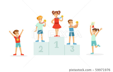 Children Standing on Award Places and Kids Jumping With Joy Vector Illustration Children Standing on Award Places and Kids Jumping With Joy Vector Illustration 59971976