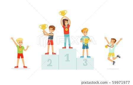 Children Standing on Award Places and Kids Jumping With Joy Vector Illustration Children Standing on Award Places and Kids Jumping With Joy Vector Illustration 59971977