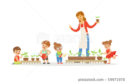 Children Having Botany Lesson. Teacher Demonstrating Plant Vector Illustration 59971978