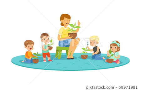 Children Having Botany Lesson. Teacher Demonstrating Plant Vector Illustration 59971981