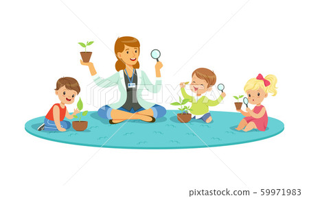 Children Having Botany Lesson. Teacher Demonstrating Plant Vector Illustration 59971983