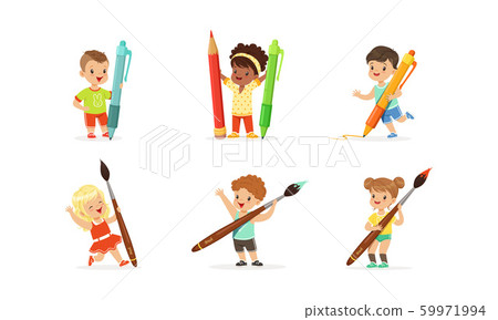 Cute Young Children Holding Big Pencils and Pens Cute Young Children Holding Big Pencils and Pens 59971994