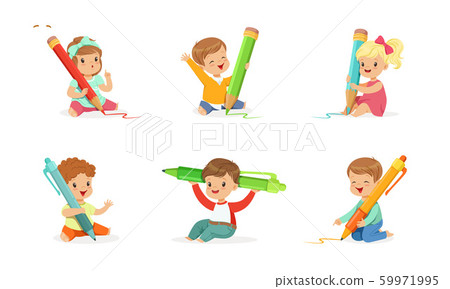 Cute Young Children Holding Big Pencils and Pens Cute Young Children Holding Big Pencils and Pens 59971995