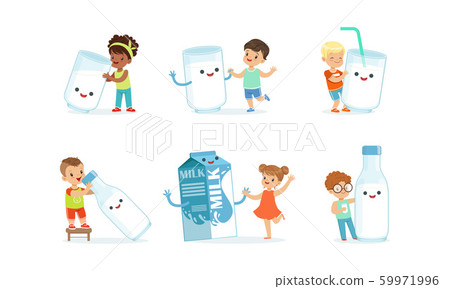 Little Children Having Fun with Big Carton of Milk Vector Set Little Children Having Fun with Big Carton of Milk Vector Set 59971996
