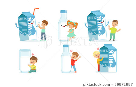 Little Children Having Fun with Big Carton of Milk Vector Set Little Children Having Fun with Big Carton of Milk Vector Set 59971997