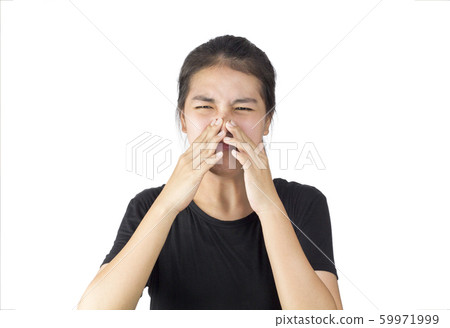 asian woman feel smell foul in white background 59971999