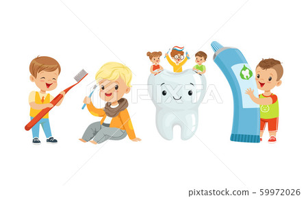 Little Kids Taking Care of Tooth Purity Brushing it With Toothbrush Vector Illustration Little Kids Taking Care of Tooth Purity Brushing it With Toothbrush Vector Illustration 59972026