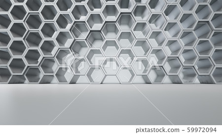 Empty white interior with hexagon shelves on the wall 59972094