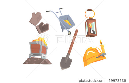 Gold Mining Attributes Vector Set. Mineral Crystal Searching Collection Gold Mining Attributes Vector Set. Mineral Crystal Searching Collection 59972586