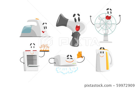 Cartoon Smiling Household Appliances Doing Something Vector Set 59972909