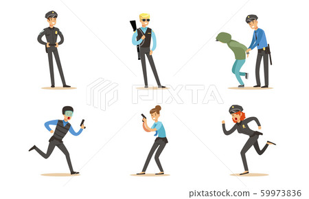 Police Characters In Daily Dangerous Work Vector Illustration Set Isolated On White Background Police Characters In Daily Dangerous Work Vector Illustration Set Isolated On White Background 59973836