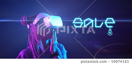 Woman is using virtual reality headset with inscription. Cyber Monday concept. 59974183