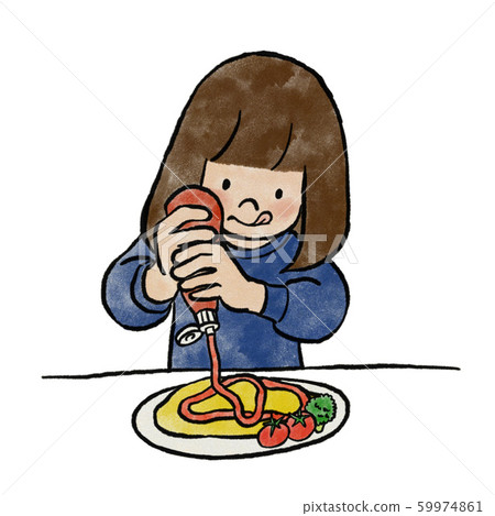 一個女孩在煎蛋捲上用番茄醬畫一幅畫 59974861