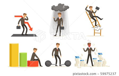 Manager In Suit With Tie, Business Failures And Losses Vector Illustration Set Isolated On White Background Manager In Suit With Tie, Business Failures And Losses Vector Illustration Set Isolated On White Background 59975237