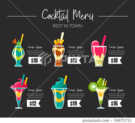 Cocktail menu on a black background. Vector illustration. Cocktail menu on a black background. Vector illustration. 59975731