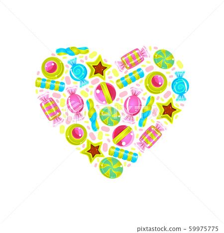 Heart with a pattern of colorful sweets. Vector... - Stock Illustration ...
