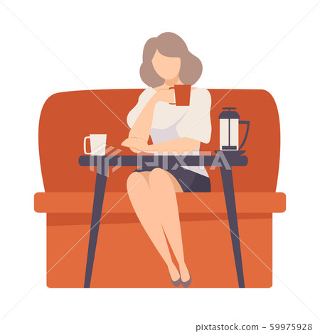 Woman sits on a red sofa at a table in a cafe. Vector illustration. Woman sits on a red sofa at a table in a cafe. Vector illustration. 59975928