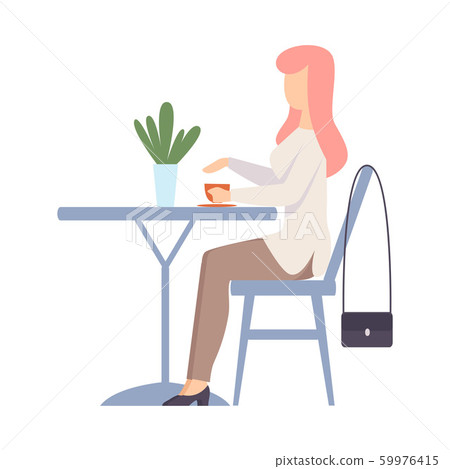 Woman with a cup is sitting at the table. Vector illustration. Woman with a cup is sitting at the table. Vector illustration. 59976415