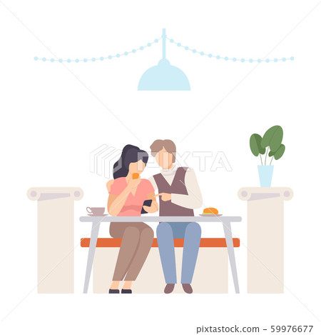 Man with a woman at a table in a cafe. Vector illustration. Man with a woman at a table in a cafe. Vector illustration. 59976677