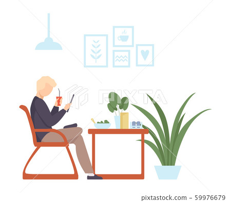 Man drinks a cocktail and looks at the smartphone in a cafe. Vector illustration. Man drinks a cocktail and looks at the smartphone in a cafe. Vector illustration. 59976679