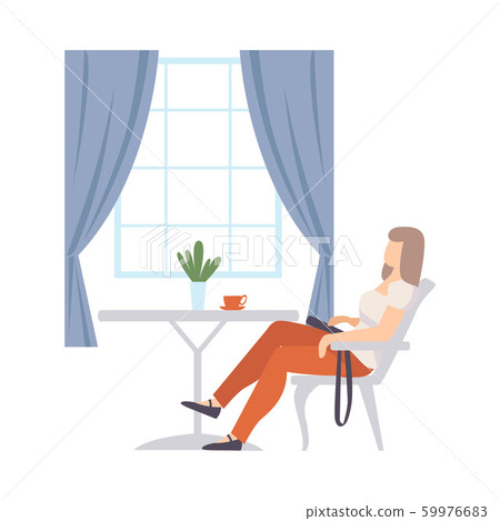 Woman sits in a chair at a table in a cafe. Vector illustration. Woman sits in a chair at a table in a cafe. Vector illustration. 59976683