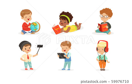 Little children with gadgets and books. Vector illustration on a white background. Little children with gadgets and books. Vector illustration on a white background. 59976710
