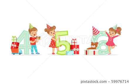 Children in party hats are standing next to large numbers. Vector illustration on a white background. Children in party hats are standing next to large numbers. Vector illustration on a white background. 59976714