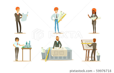 Engineers draft and prepare a new home project. Vector illustration on a white background. Engineers draft and prepare a new home project. Vector illustration on a white background. 59976718