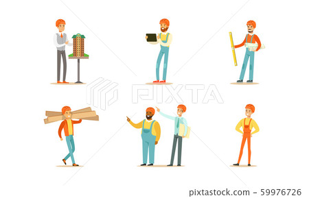 Engineers and builders in yellow helmets with tools. Vector illustration on a white background. 59976726