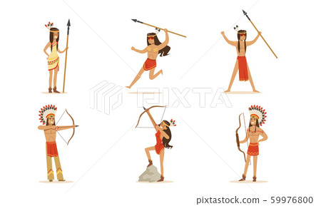 Cartoon Indians with bows and spears. Set of vector illustrations. Cartoon Indians with bows and spears. Set of vector illustrations. 59976800