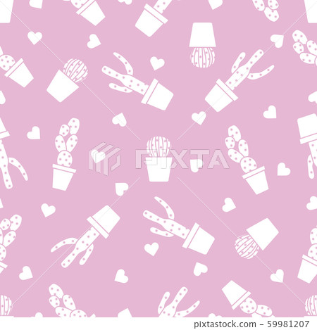 Seamless pattern with cactus, succulents, hearts 59981207