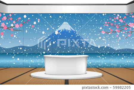 white table in the studio room with the snow fall at the fuji mountain background 59982205