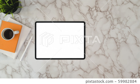Top view of modern workplace with blank screen 59982884