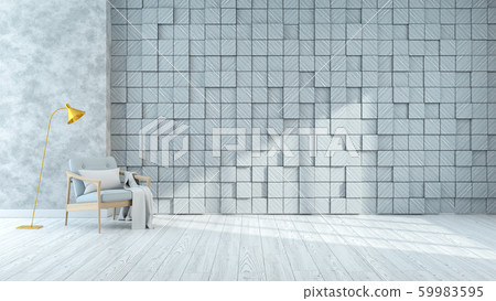 Modern and vintage interior of living room, Blue armchair on white flooring and white wooden panel wall ,Square random wall ,3d rendering Modern and vintage interior of living room, Blue armchair on white flooring and white wooden panel wall ,Square random wall ,3d rendering 59983595