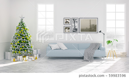 Christmas tree decorate on Scandinavia of living room ,blue sofa on white wall and wood floor ,in holidays,3d rendering Christmas tree decorate on Scandinavia of living room ,blue sofa on white wall and wood floor ,in holidays,3d rendering 59983596