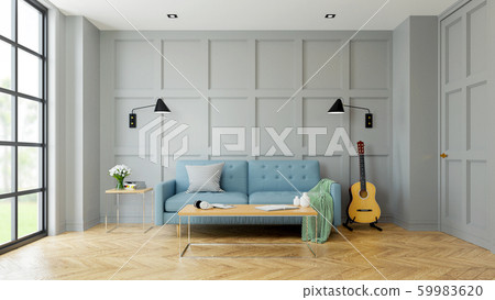 Vintage Modern interior of living room, blue sofa near black lamp and wood table and guitar on parguet flooring and dark blue wall ,3d rendering Vintage Modern interior of living room, blue sofa near black lamp and wood table and guitar on parguet flooring and dark blue wall ,3d rendering 59983620