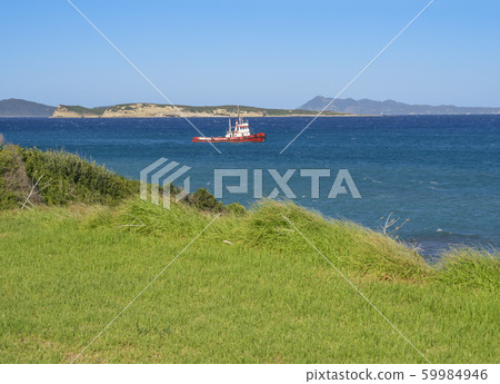 lush green grass sea shore, deep blue sea with red lush green grass sea shore, deep blue sea with red 59984946