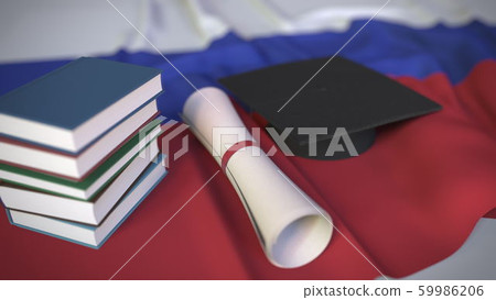 Graduation cap, books and diploma on the Russian flag. Higher education in Russia related conceptual 3D rendering 59986206